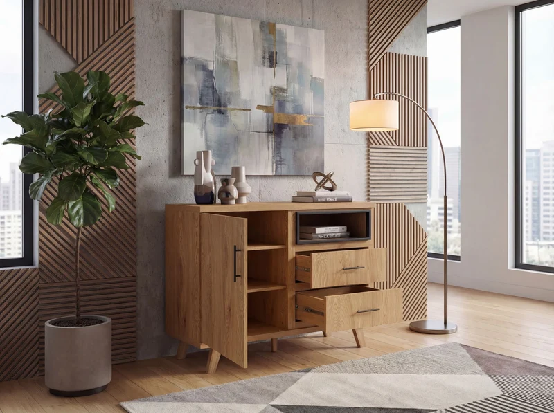 Sideboard Eiche 116 cm mit 2 Schubladen und Türfächern im Scandi-Look