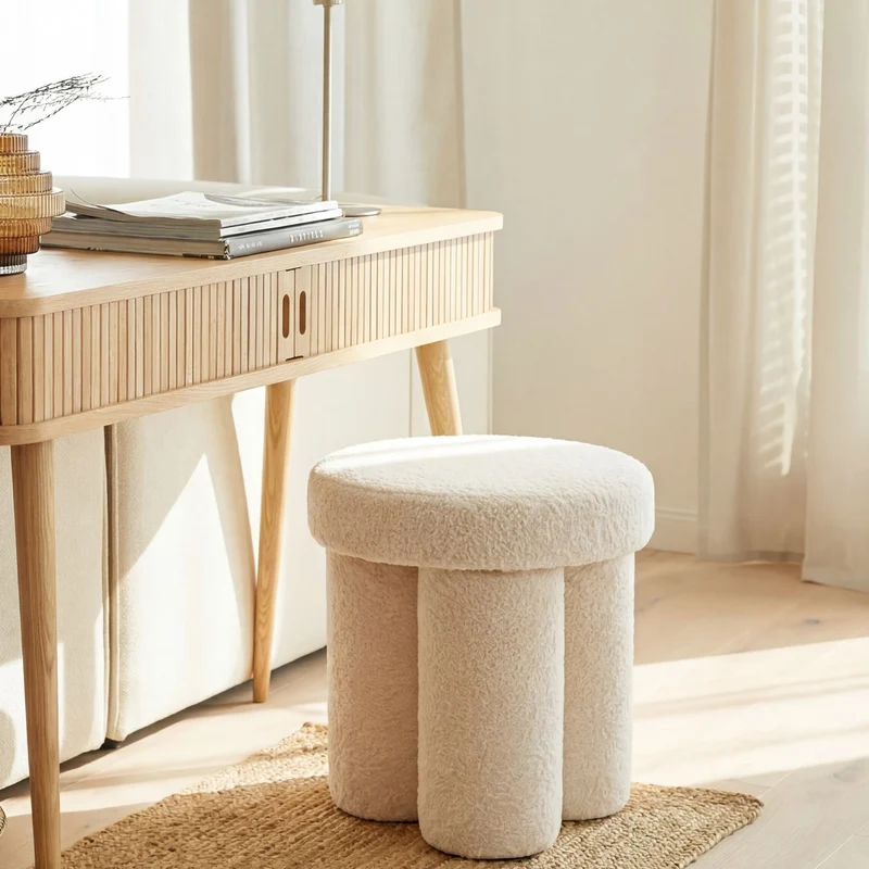 Sitzhocker Teddy Creme rund, Polsterhocker im Boho-Stil Wohnzimmer