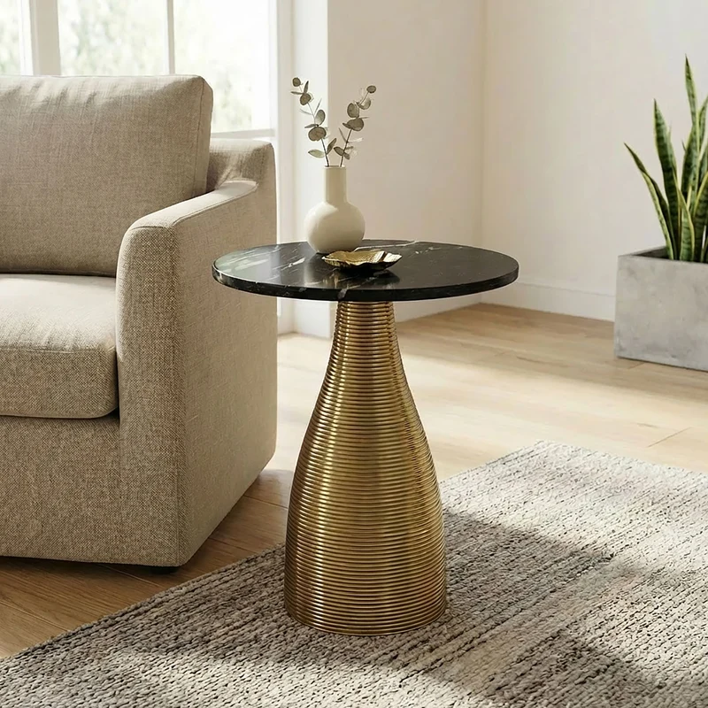 Beistelltisch Rund 40 cm Gold mit Marmorplatte Schwarz von Wohnling