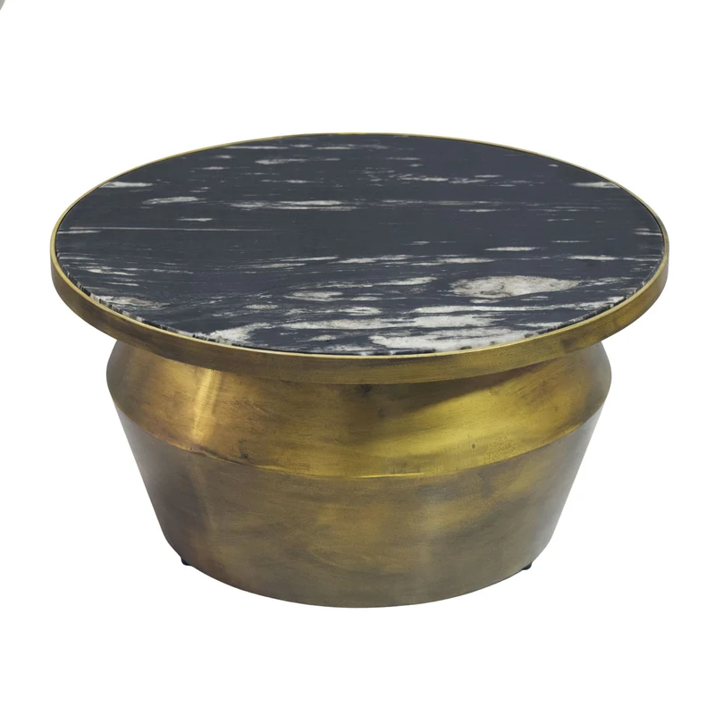Couchtisch rund 60 cm mit Marmorplatte Schwarz und Eisengestell