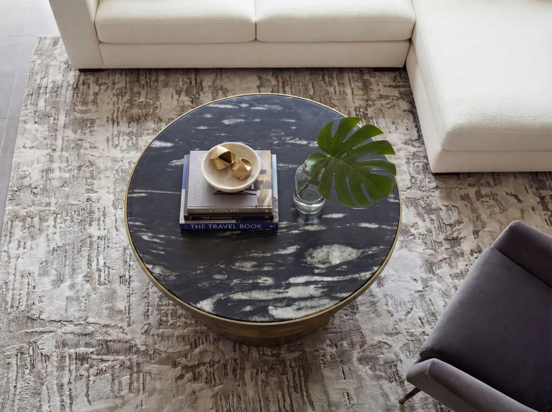 Couchtisch rund 60 cm mit Marmorplatte Schwarz und Eisengestell