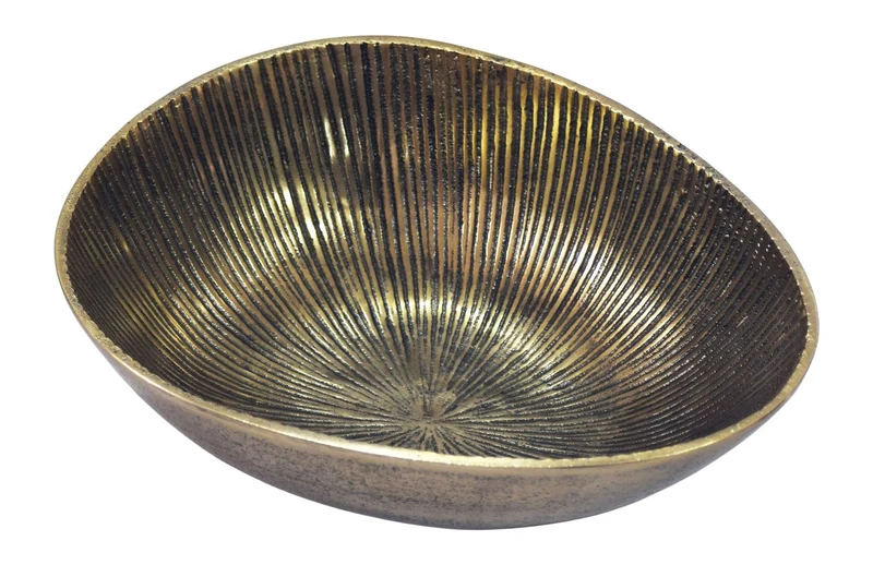 Obstschale Oval Gold aus Aluminium mit Rillen-Design, Tischdeko 30 cm