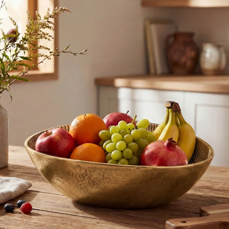 Obstschale Oval Gold aus Aluminium mit Rillen-Design, Tischdeko 30 cm