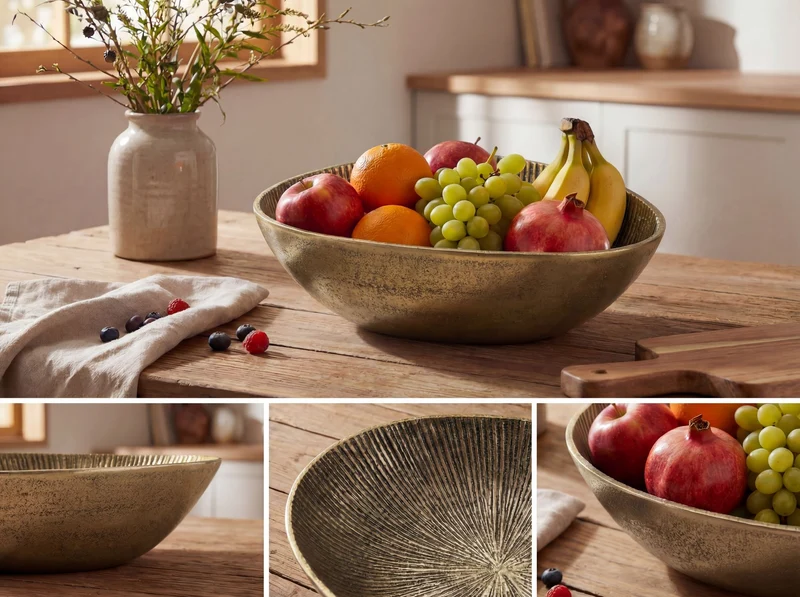 Obstschale Oval Gold aus Aluminium mit Rillen-Design, Tischdeko 30 cm
