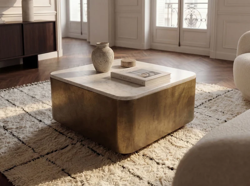 Couchtisch Kubus 60x60 cm aus Marmor mit goldenem Metallgestell