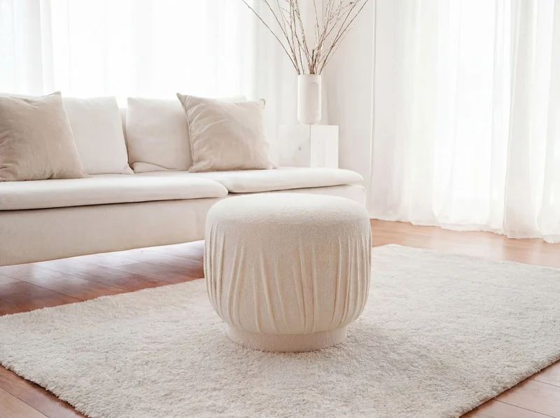 Polsterhocker Wohnling rund in Creme mit Faltenoptik, Ø 50 cm