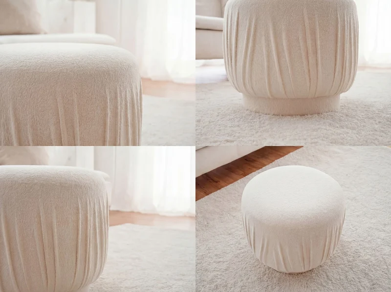 Polsterhocker Wohnling rund in Creme mit Faltenoptik, Ø 50 cm