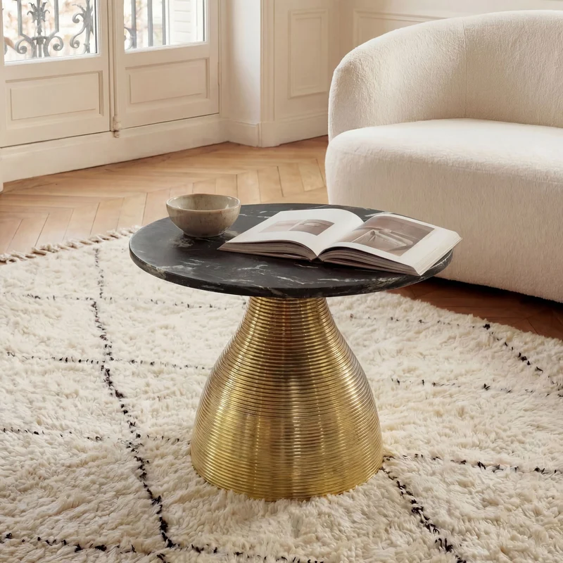 Couchtisch Marmor Schwarz Rund 60 cm mit Alu-Gestell Gold Wohnling