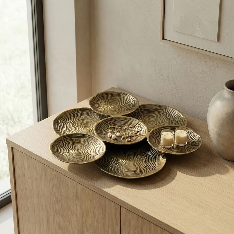 Dekoschale Gold 44 cm rund aus Aluminium mit Spiralmuster, Handmade