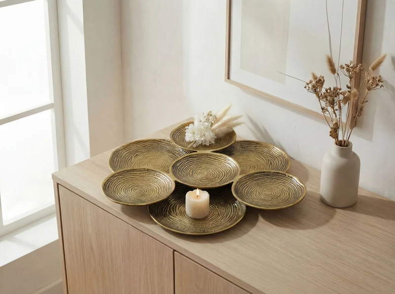 Dekoschale Gold 44 cm rund aus Aluminium mit Spiralmuster, Handmade