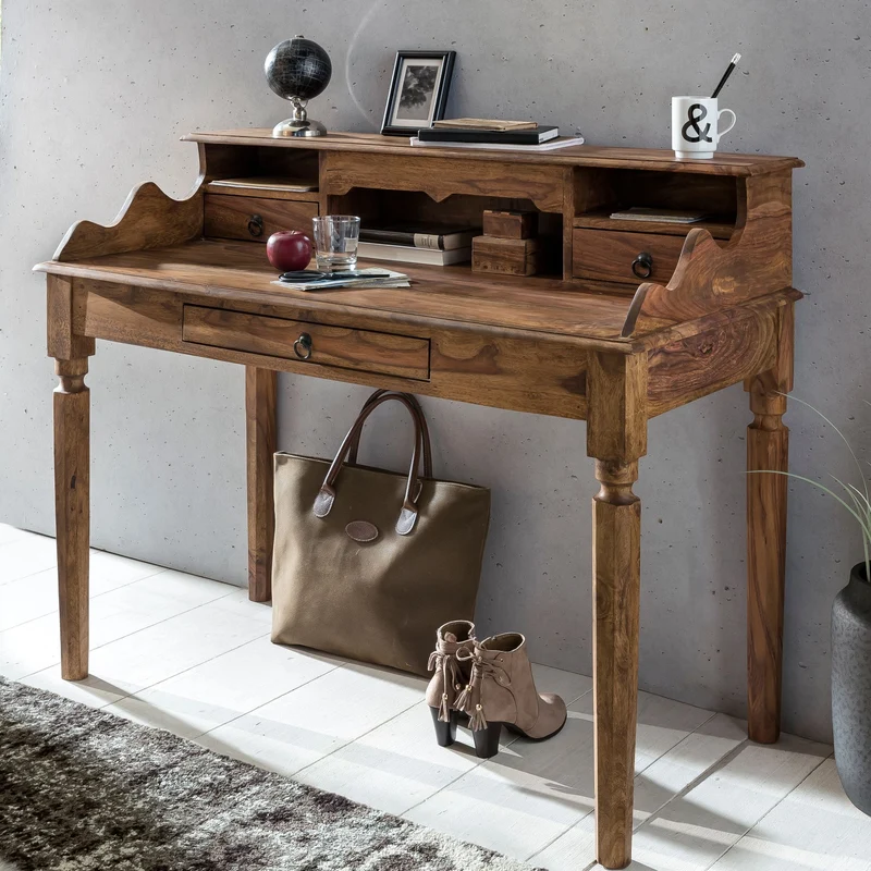 Schreibtisch Sheesham Massivholz 115x100x60cm 3 Schubladen Landhausstil