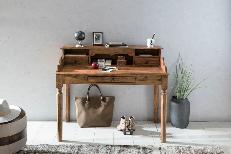 Schreibtisch Sheesham Massivholz 115x100x60cm 3 Schubladen Landhausstil