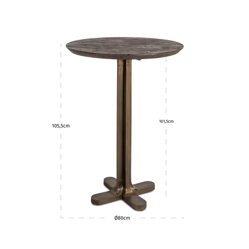Bartisch Revelin Ø80 cm dark brown, Mangoholz mit Goldgestell