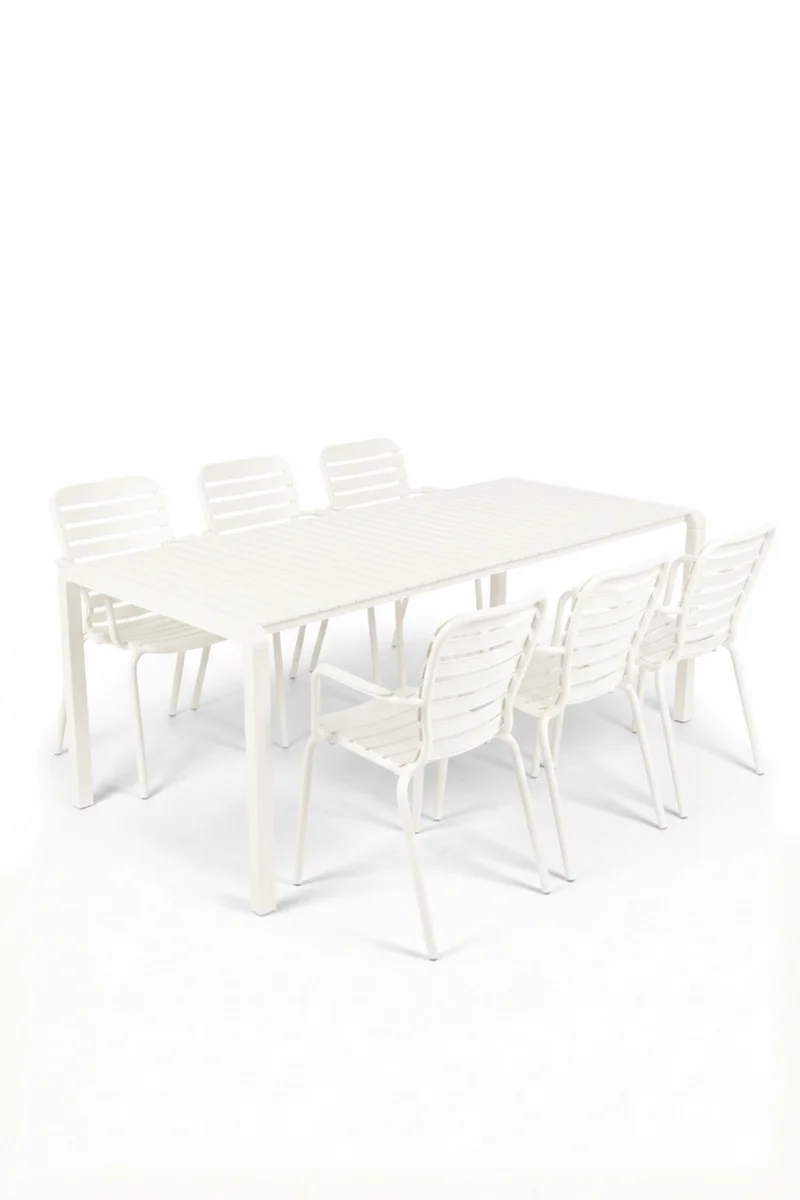Gartenmöbel-Set Vondel: Tisch 214 cm + 6 Armlehnstühle, Aluminium Weiß