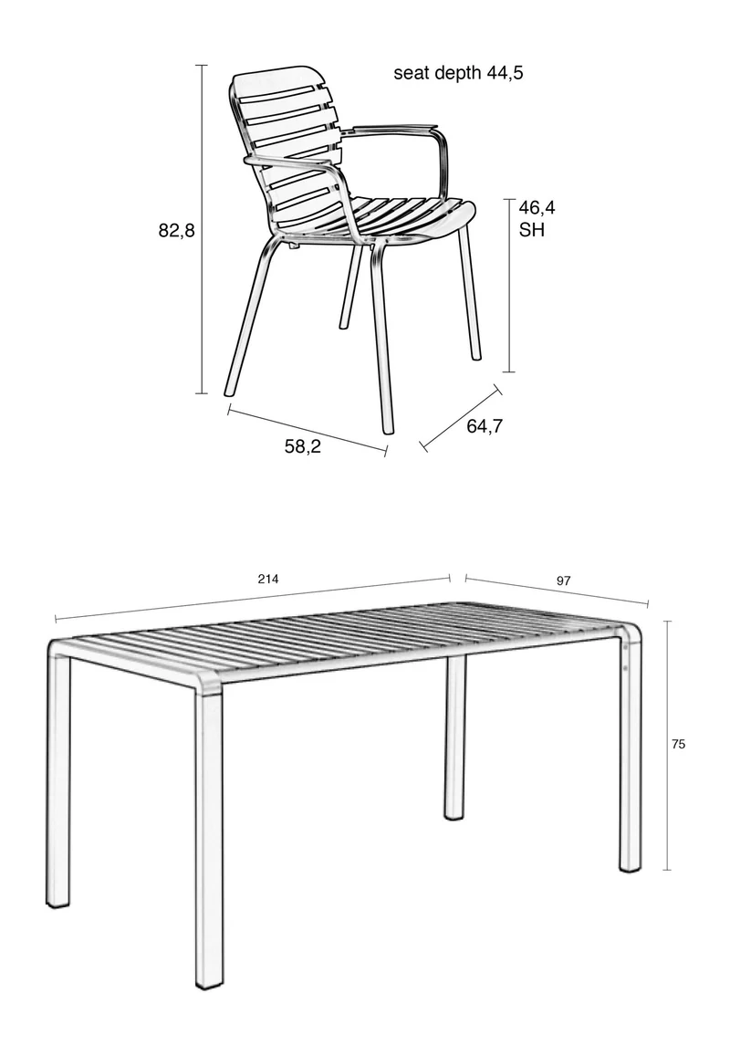 Gartenmöbel-Set Vondel: Tisch 214 cm + 6 Armlehnstühle, Aluminium Weiß