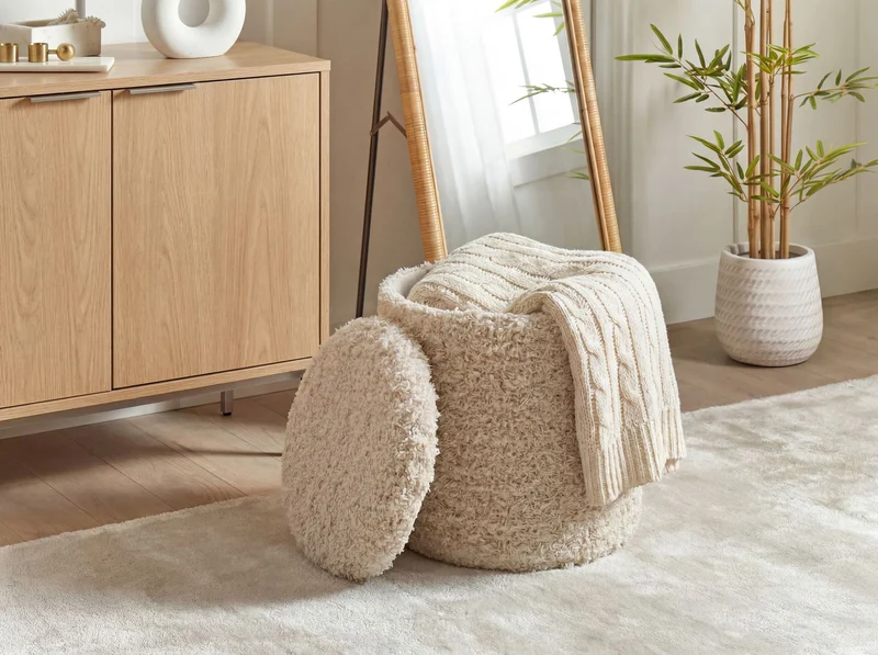 Sitzhocker Boho mit Stauraum aus Wolle, Beige Ø 40 cm, Wohnling