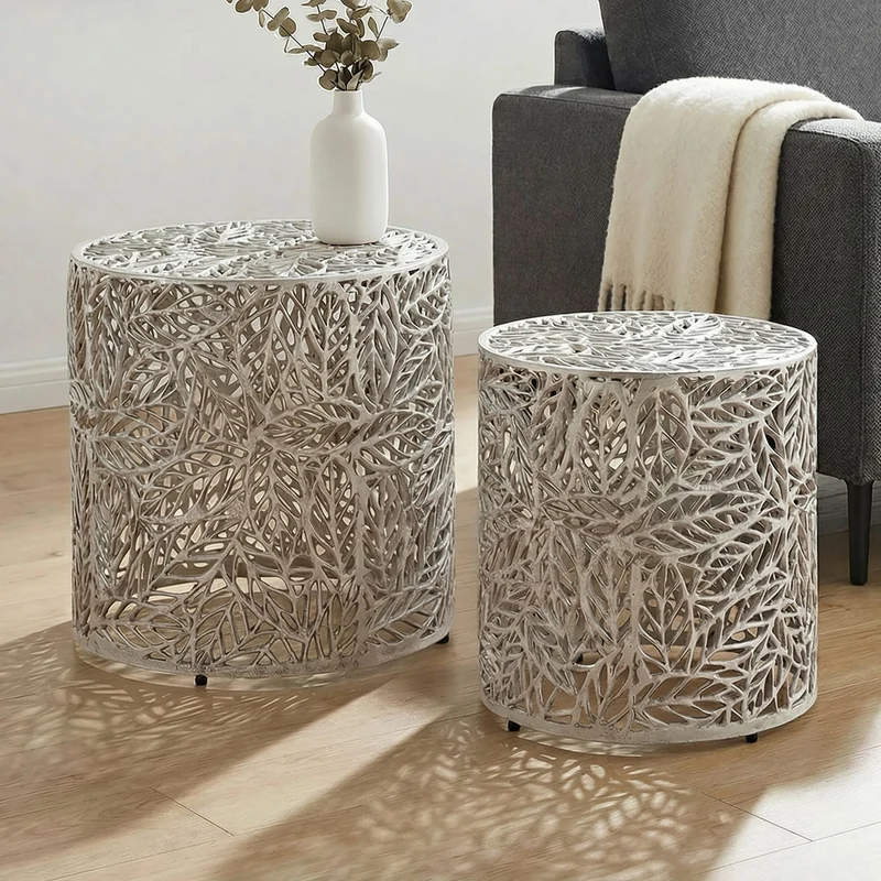 Satztisch Aluminium 2er-Set in Silber mit Blattmuster von Wohnling