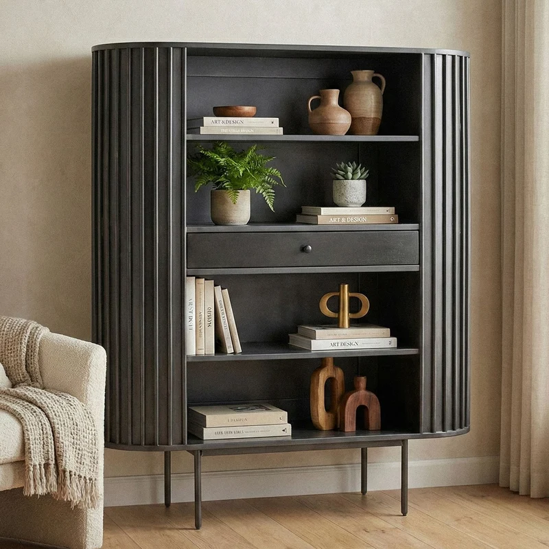 Bücherregal Mango Massivholz Schwarz mit Lamellen-Design, Wohnling