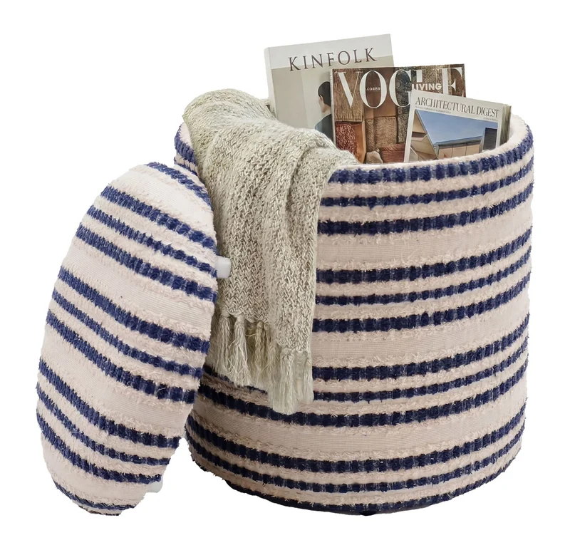 Boho Sitzhocker rund mit Stauraum aus Baumwolle, Beige, Ø 40 cm