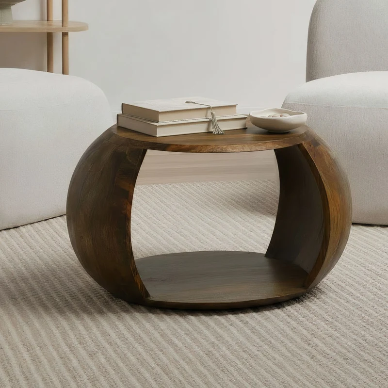 Couchtisch Mango Massivholz rund mit Ablagefach im Landhaus-Design