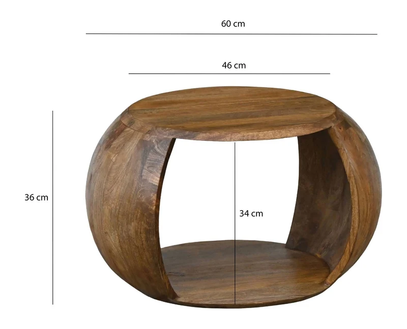 Couchtisch Mango Massivholz rund mit Ablagefach im Landhaus-Design