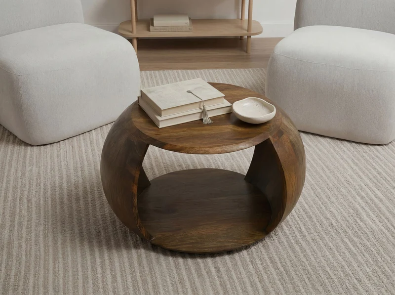 Couchtisch Mango Massivholz rund mit Ablagefach im Landhaus-Design