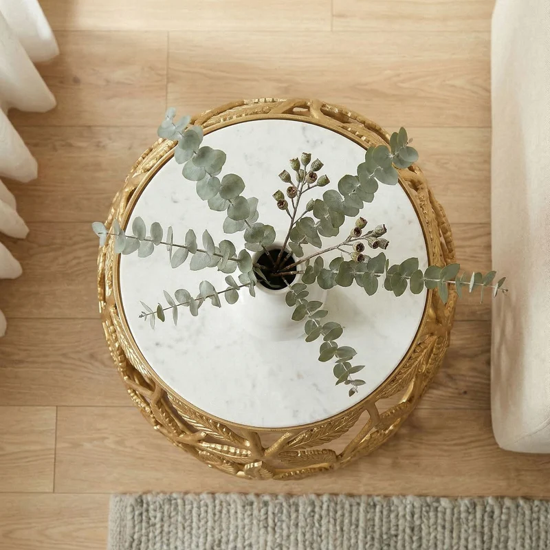 Beistelltisch Gold mit Marmorplatte, rundes Alu-Design von Wohnling