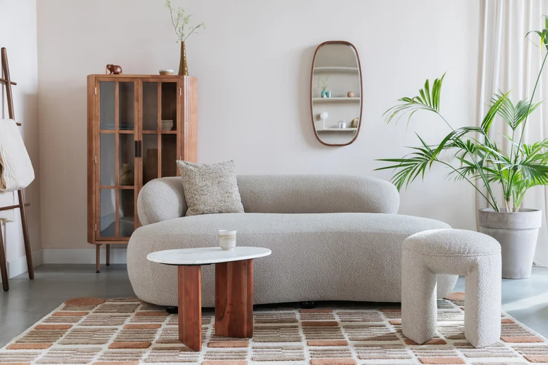 Hocker Noxx Beige mit Teddy-Stoff für Wohnzimmer und Schlafzimmer