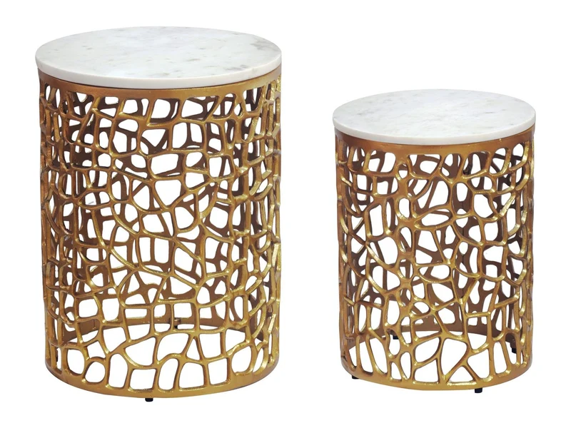 Satztisch 2er Set Gold mit Marmor-Tischplatte, rundes Alugestell