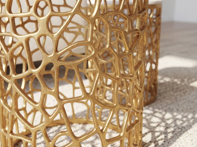 Satztisch 2er Set Gold mit Marmor-Tischplatte, rundes Alugestell