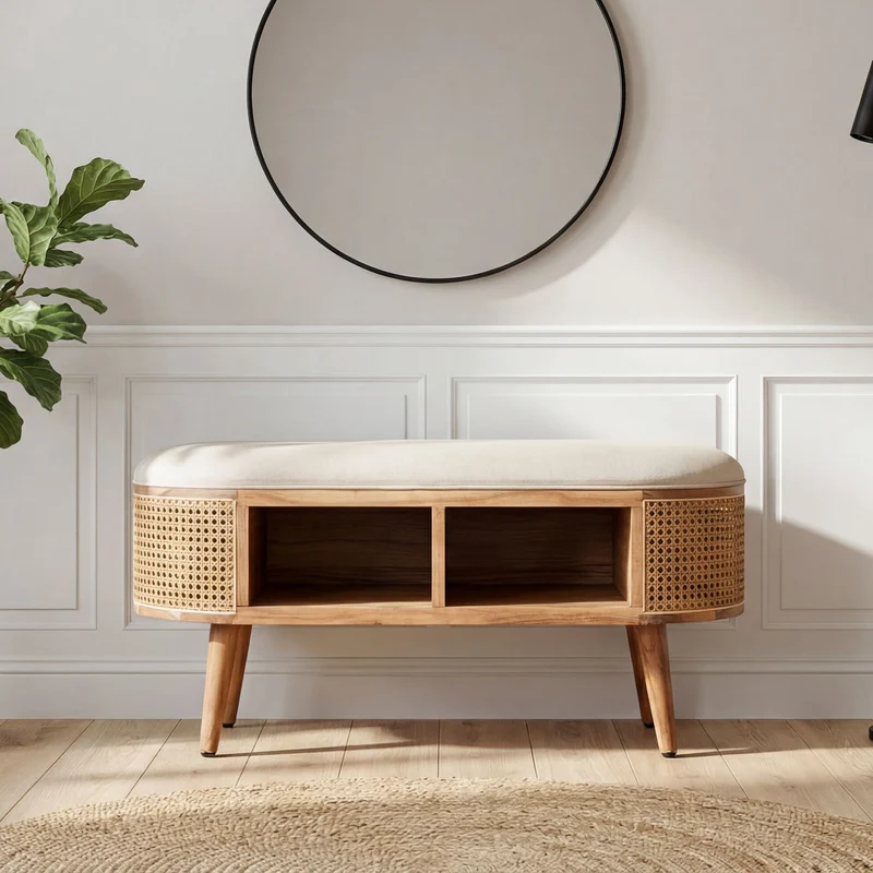 Sitzbank Wiener Geflecht 90 cm aus Akazie mit Boho-Stauraum, Wohnling