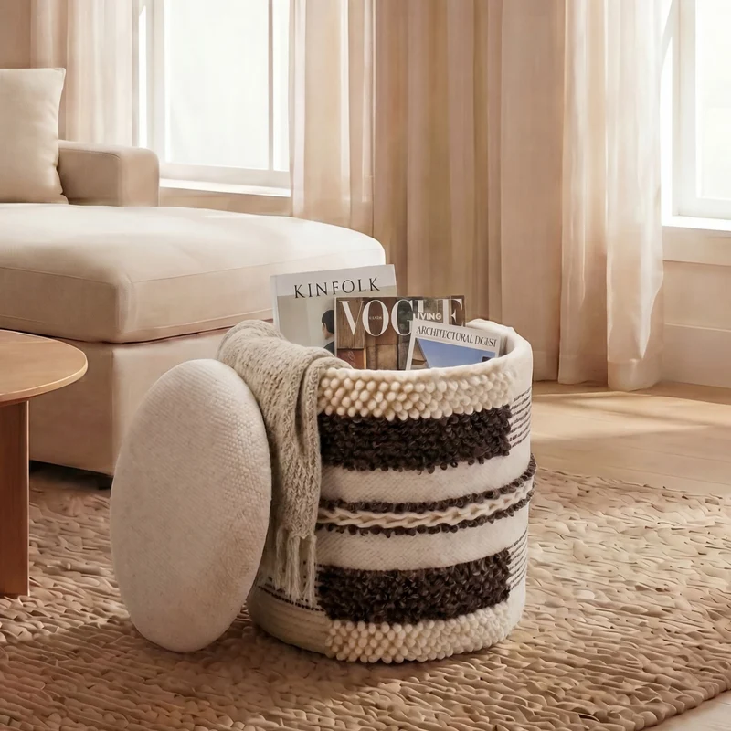 Sitzhocker mit Stauraum aus Wolle, Beige, Ø40 cm von Wohnling