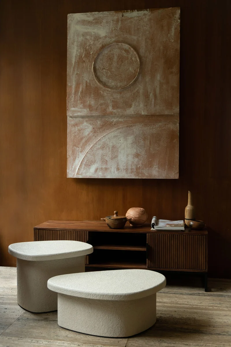 Beistelltisch Veda Low aus recyceltem Marmor in Beige, Boho-Chic Stil