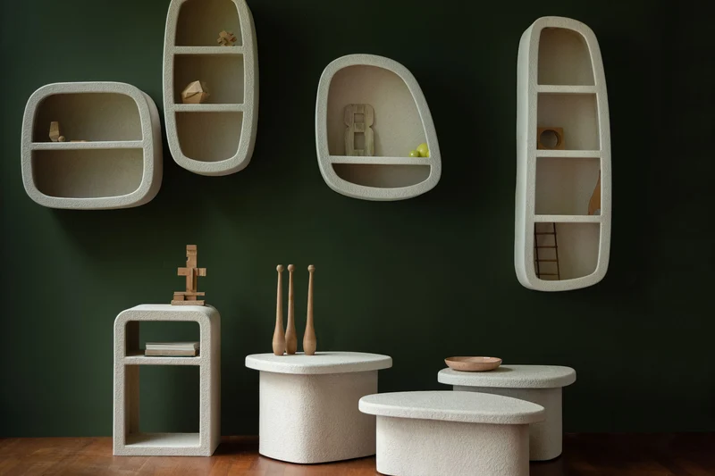 Beistelltisch Veda Low aus recyceltem Marmor in Beige, Boho-Chic Stil