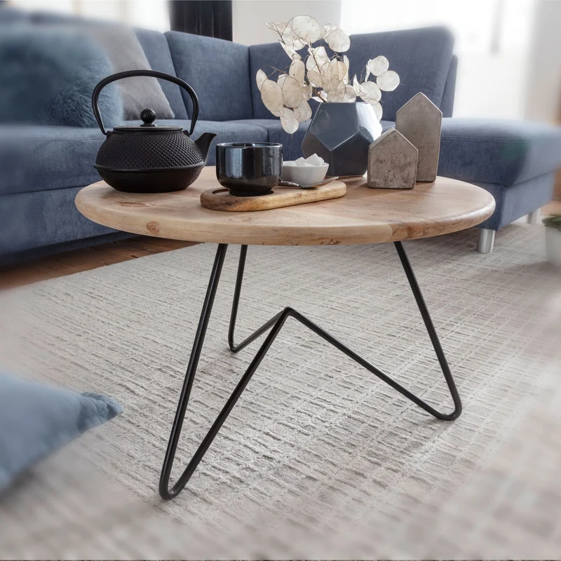 Couchtisch Akazie Massivholz Metall Rund 60x39,5x60cm Wohnzimmer