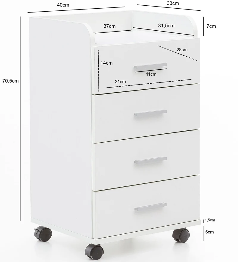 Rollcontainer WL5.748 Weiß 4 Schubladen 40x70,5x33cm Bürocontainer