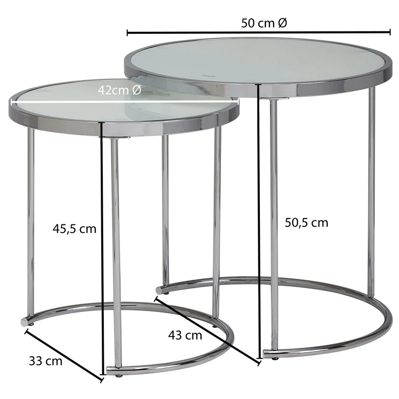 Beistelltisch 2er Set Rund Ø50/42cm Weiß Silber Glasplatte