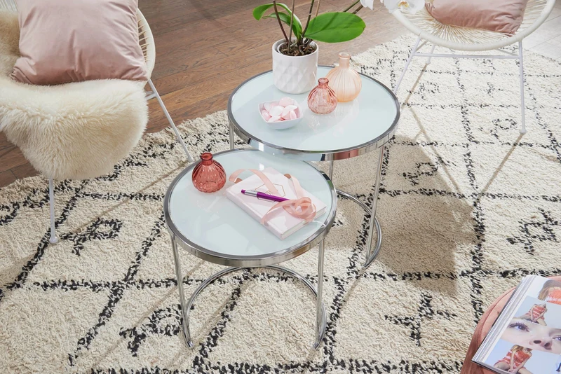 Beistelltisch 2er Set Rund Ø50/42cm Weiß Silber Glasplatte