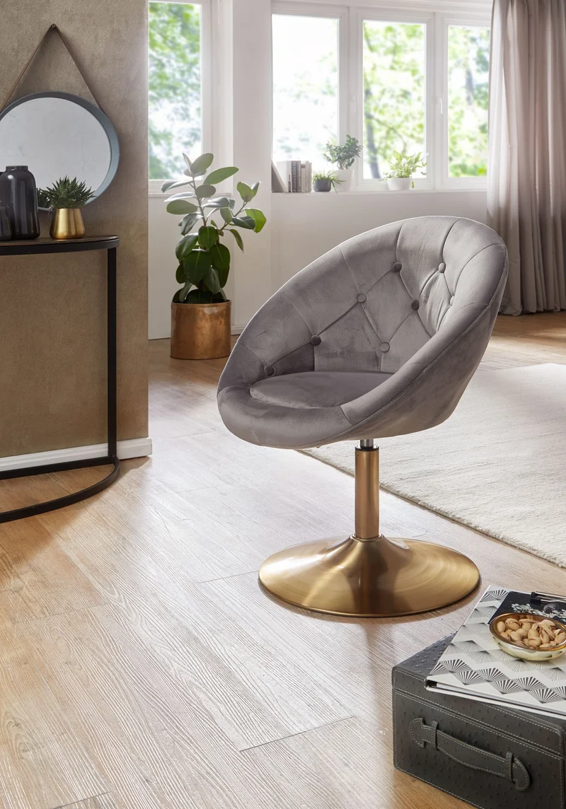 Loungesessel Samt Grau Gold Design Drehstuhl mit Rückenlehne