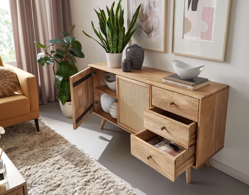 Sideboard 140x75x40cm Mango Massivholz Rattan 3 Schubladen 2 Türen