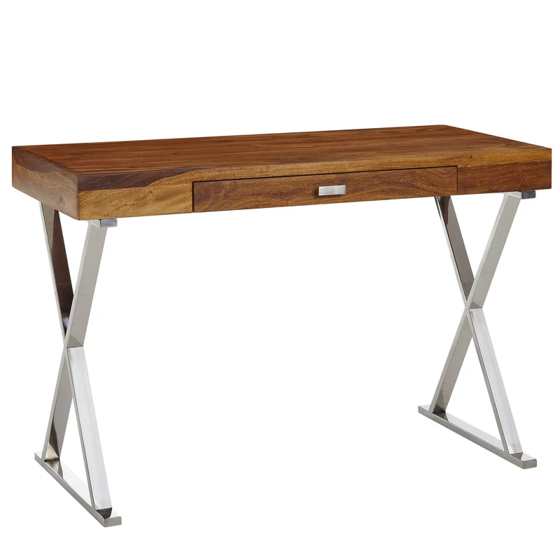 Schreibtisch 120x55x78cm Sheesham Massivholz Metall Chrom mit Schublade