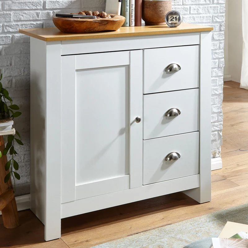 Sideboard 3 Schubladen 79x81x35cm Weiß Eiche Modern Wohnzimmer