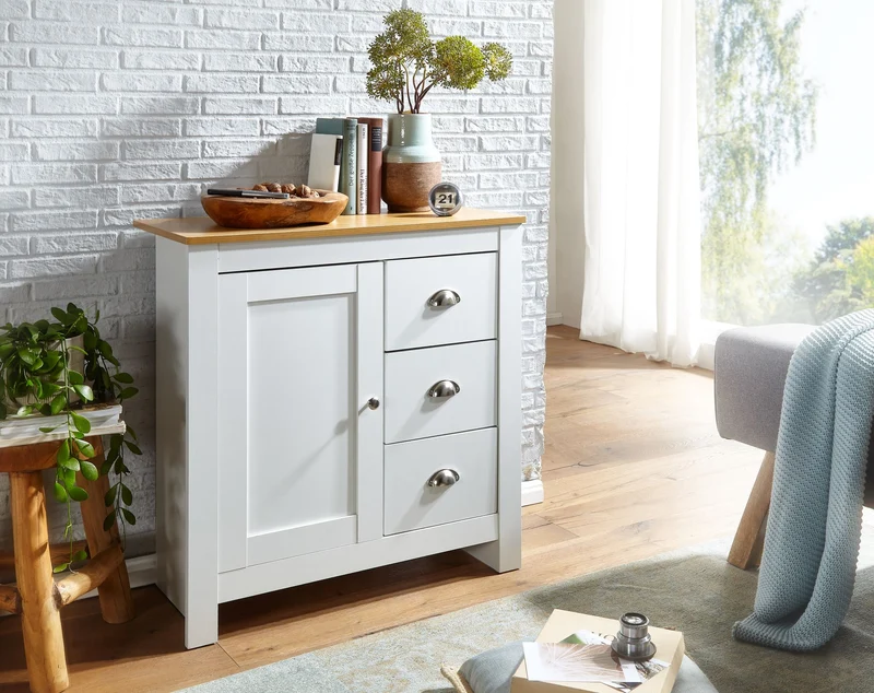 Sideboard 3 Schubladen 79x81x35cm Weiß Eiche Modern Wohnzimmer