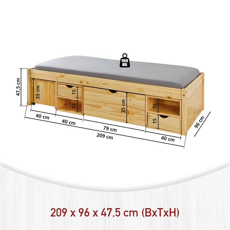 Funktionsbett Claas 90 x 200 Kiefer massiv natur lackiert