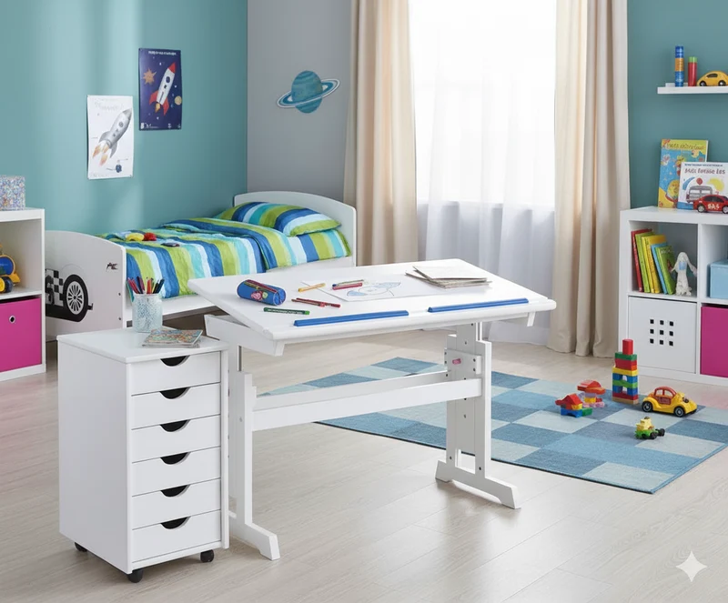 Kinderschreibtisch Baru + Rollcontainer Simon Kiefer weiß Komplettset