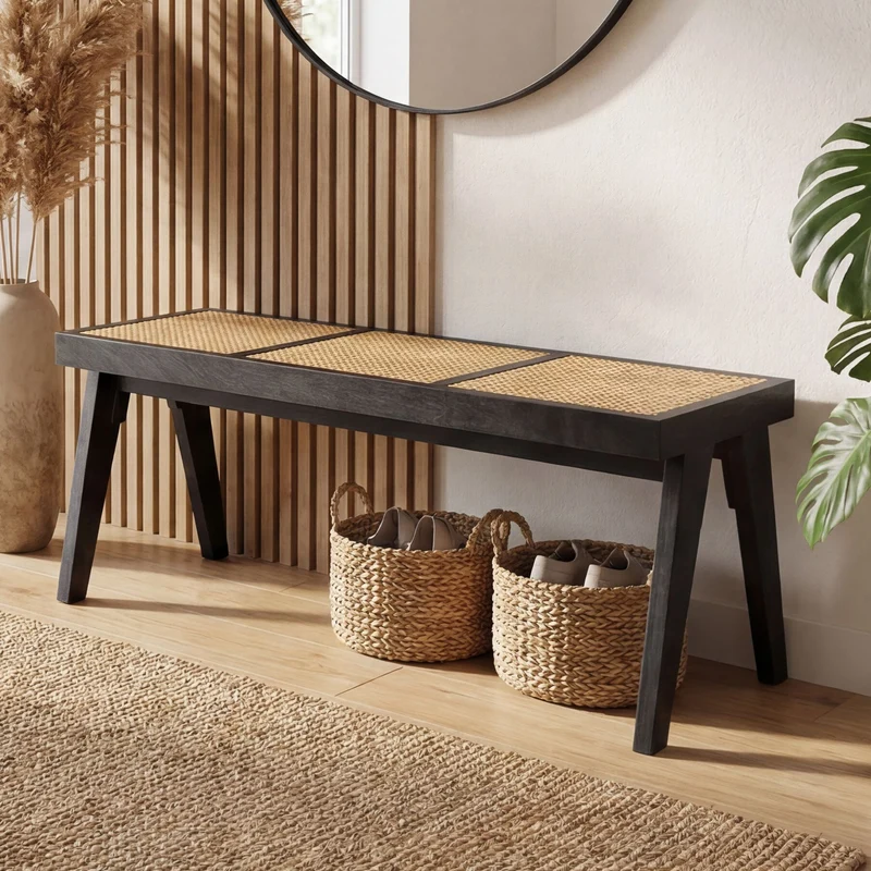 Sitzbank Akazie Massivholz 120 cm Schwarz mit Wiener Geflecht