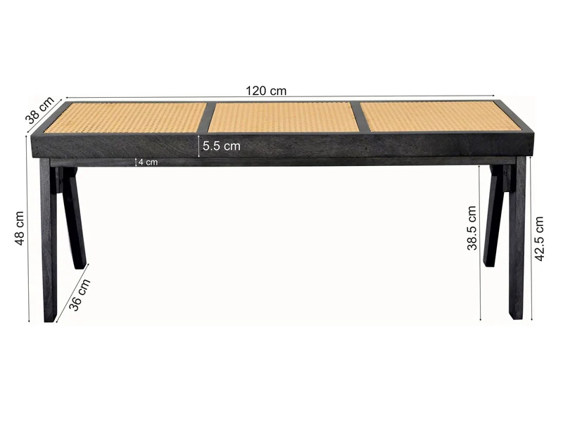 Sitzbank Akazie Massivholz 120 cm Schwarz mit Wiener Geflecht