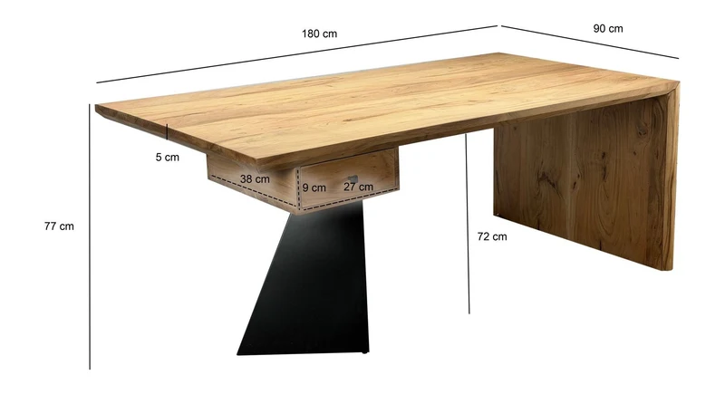 Schreibtisch Akazie Massivholz 180x90 cm mit Schublade, Industrial