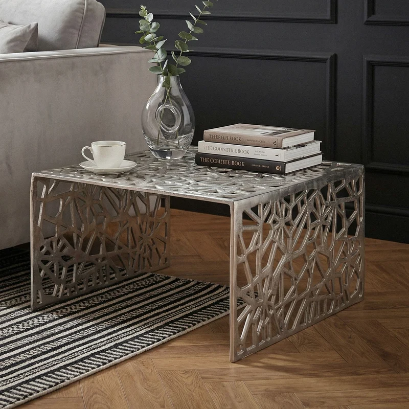 Couchtisch Aluminium Silber 60x60 cm mit Astmuster im Handmade-Design