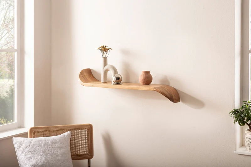 Wandregal Mango Massivholz 80 cm, geschwungene Enden, handgefertigt